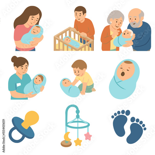 Newborn Family Icons. Isometric Flat icon set of Newborn Baby Joy: mother cuddling infant, father beaming at crib, grandparents