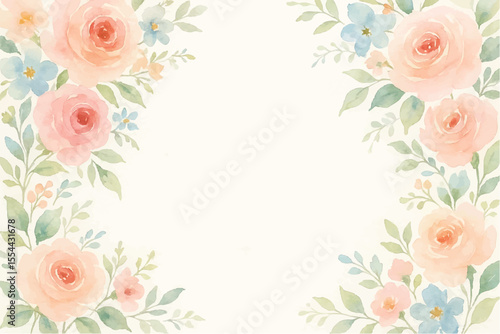 Vintage floral background with romantic pink roses, elegant frame, and decorative hearts for a wedding or Valentine's Day card design
