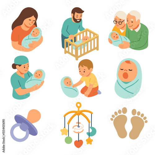 Newborn Family Icons. Isometric Flat icon set of Newborn Baby Joy: mother cuddling infant, father beaming at crib, grandparents