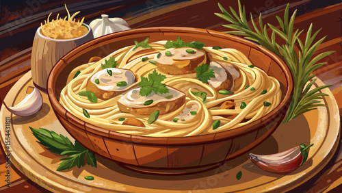 pasta, alfredo, grilled chicken, parmesan, creamy, herbs, food, Italian, rustic, bowl, dinner, gourmet, hot, cheese, culinary, tasty, comfort food, meal, semi-realistic, detail, parsley, cuisine, deli