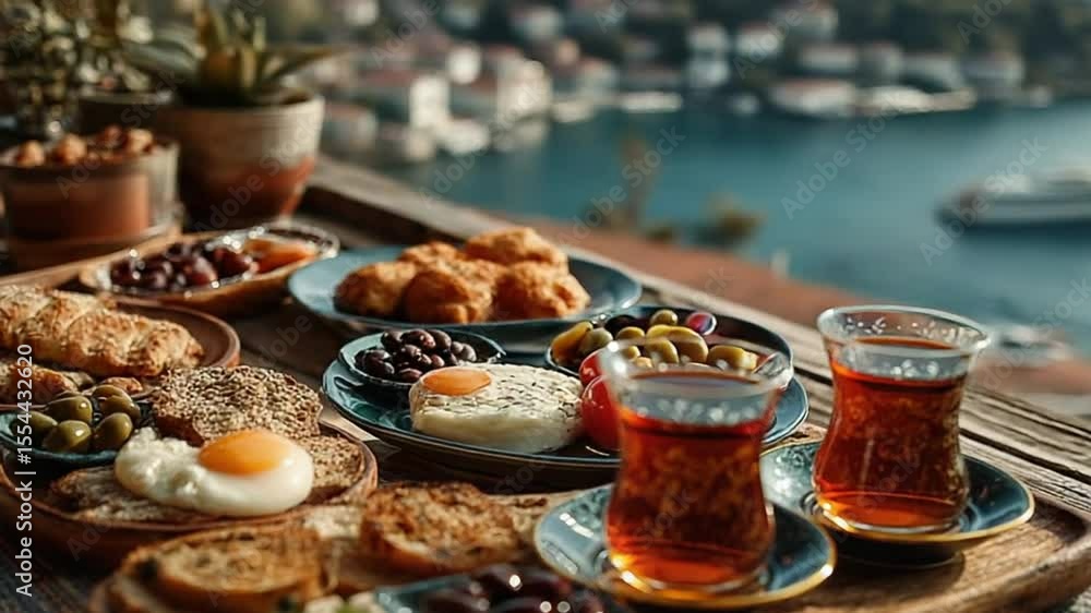 Delightful Turkish Breakfast Spread with Tea Overlooking Scenic Waterfront View Delightful Turkish Breakfast Spread with Tea Overlooking Scenic Waterfront View