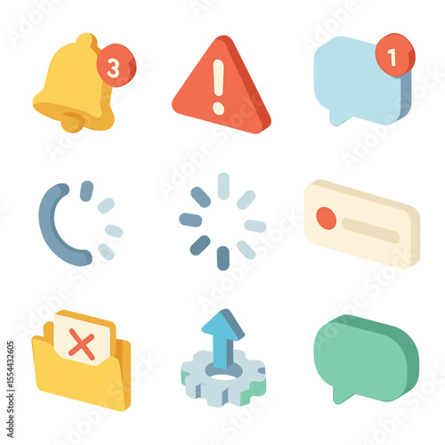 Notification Icon Grid. Isometric Flat icon set of notification overload: notification bell, alert popup, unread message badge,