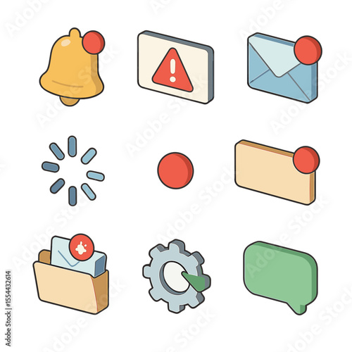 Notification Icon Grid. Isometric Flat icon set of notification overload: notification bell, alert popup, unread message badge,