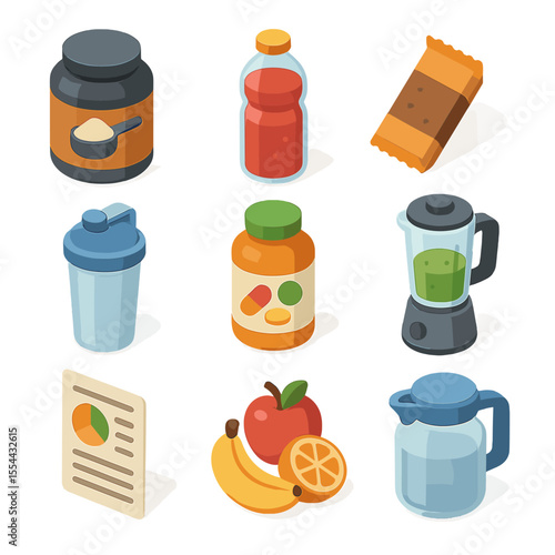 Nutrition Icon Set. Isometric Flat icon set of nutrition and supplements: protein powder jar, pre-workout drink, protein bar,