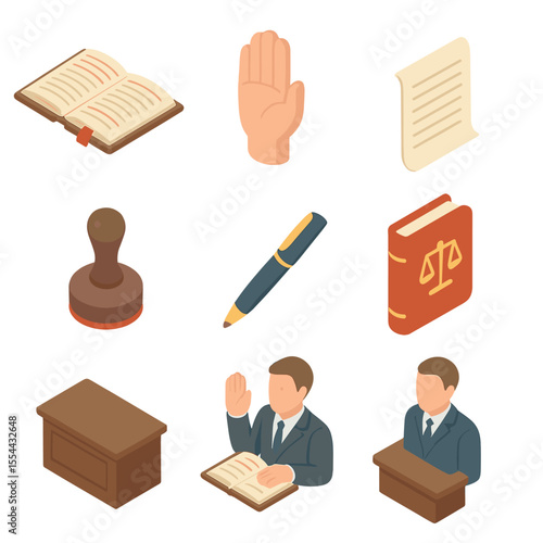 Oath Ceremony Icons. Isometric Flat icon set of Oath Taking and Swearing In: open bible, raised right hand, oath script, notary