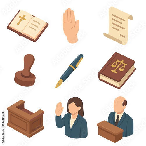Oath Ceremony Icons. Isometric Flat icon set of Oath Taking and Swearing In: open bible, raised right hand, oath script, notary