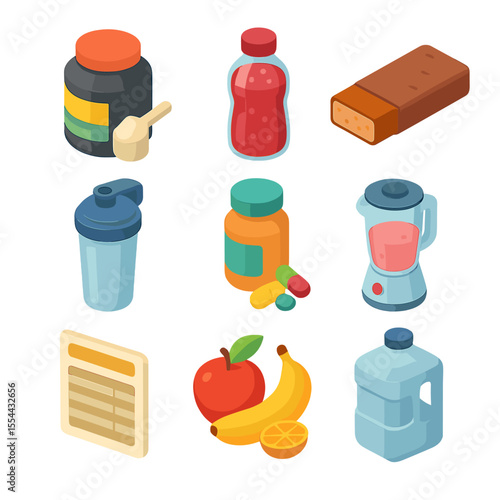 Nutrition Icon Set. Isometric Flat icon set of nutrition and supplements: protein powder jar, pre-workout drink, protein bar,