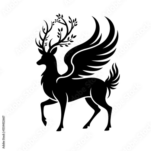 Silhouette of a winged deer with leafy antlers in a black and white design