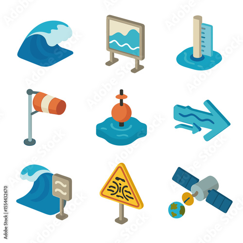 Ocean Condition Icons. Isometric Flat icon set of wave and ocean condition indicators: breaking wave crest, swell chart board,