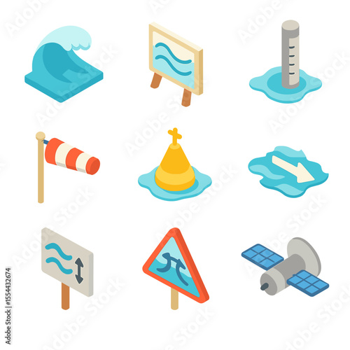 Ocean Condition Icons. Isometric Flat icon set of wave and ocean condition indicators: breaking wave crest, swell chart board,