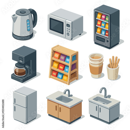 Office Breakroom Icons. Isometric Flat icon set of office breakroom: electric kettle, microwave, vending machine, coffee maker,