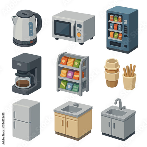 Office Breakroom Icons. Isometric Flat icon set of office breakroom: electric kettle, microwave, vending machine, coffee maker,