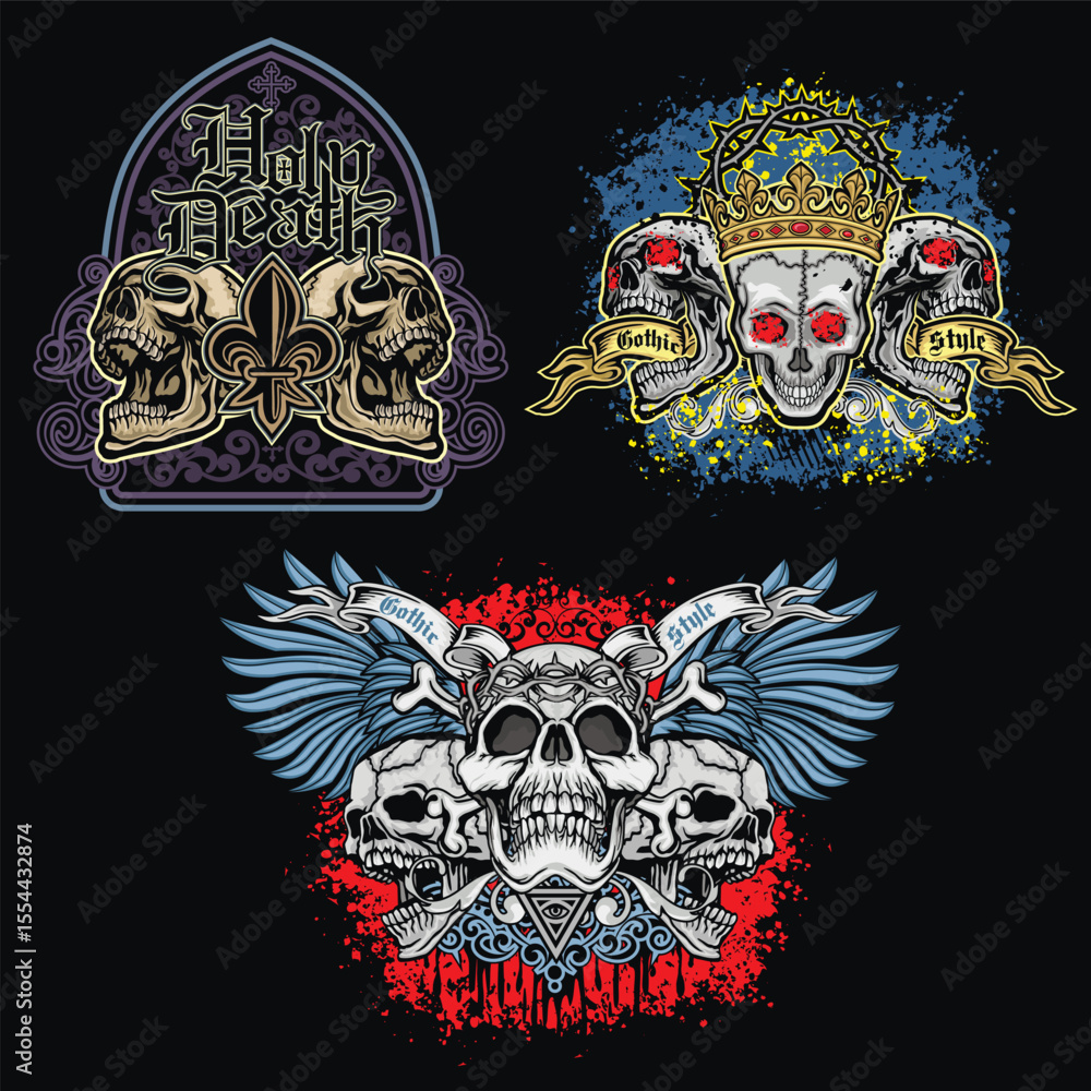 Naklejka premium set, gothic sign with skull, grunge vintage design t shirts 