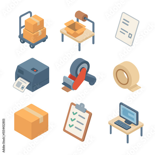 Order Fulfillment Icons. Isometric Flat icon set of order fulfillment: picking cart, packing station, order slip, shipping label