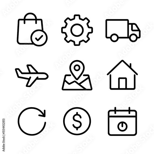 Order Tracking Icons. Outline icon set of Order Tracking and Status: order placed checkmark, processing gear, shipped truck,
