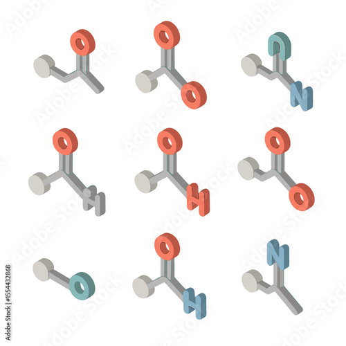 Organic Chemistry Icons. Isometric Flat icon set of organic functional groups: alcohol group, carboxyl group, amine group, ketone