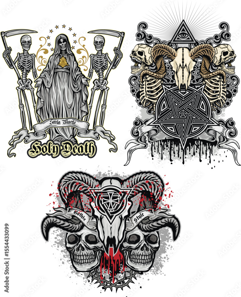 Naklejka premium set, gothic sign with skull, grunge vintage design t shirts