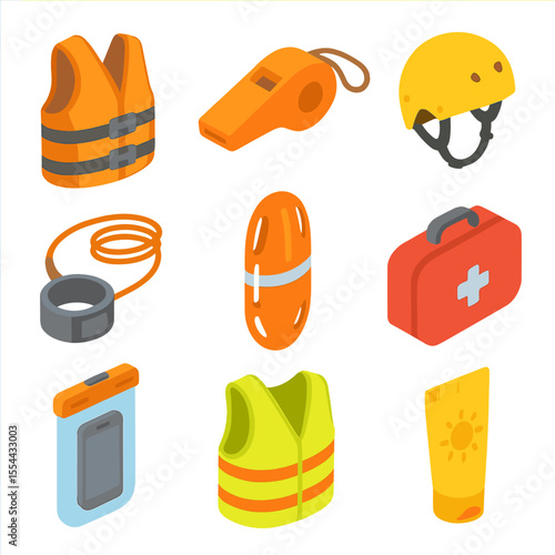 Paddleboard Safety Icons. Isometric Flat icon set of paddleboarding safety equipment: life jacket, whistle, helmet, leash, rescue