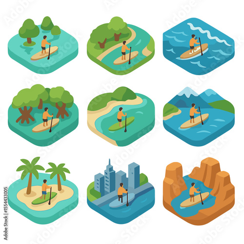 Paddleboarding Icon Set. Isometric Flat icon set of paddleboarding destinations: calm lake, river bend, ocean waves, mangrove
