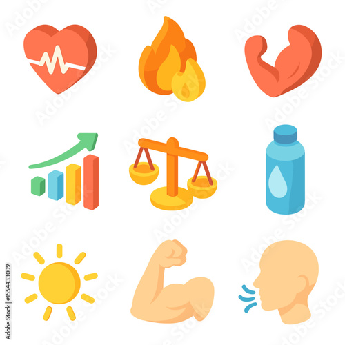 Paddleboarding Fitness Icons. Isometric Flat icon set of paddleboarding fitness benefits: heart rate monitor, calorie counter,