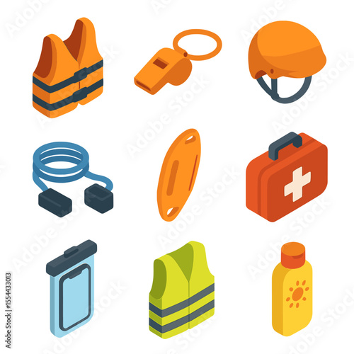 Paddleboard Safety Icons. Isometric Flat icon set of paddleboarding safety equipment: life jacket, whistle, helmet, leash, rescue