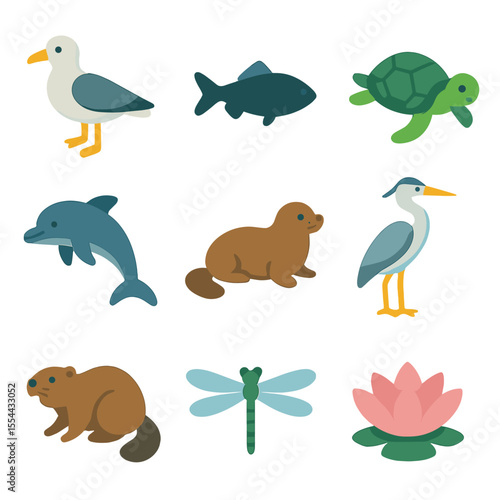 Paddleboarding Wildlife Icons. Isometric Flat icon set of paddleboarding wildlife spotting: seabird, fish silhouette, turtle,