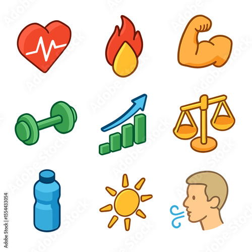 Paddleboarding Fitness Icons. Isometric Flat icon set of paddleboarding fitness benefits: heart rate monitor, calorie counter,