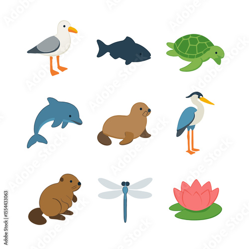 Paddleboarding Wildlife Icons. Isometric Flat icon set of paddleboarding wildlife spotting: seabird, fish silhouette, turtle,