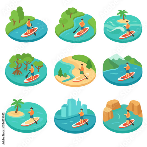Paddleboarding Icon Set. Isometric Flat icon set of paddleboarding destinations: calm lake, river bend, ocean waves, mangrove