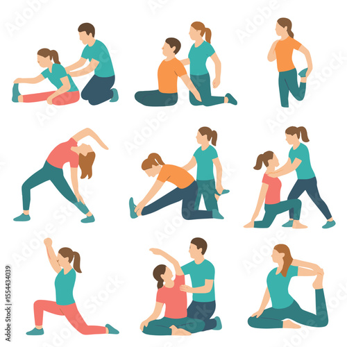 Partner Stretching Icons. Isometric Flat icon set of partner-assisted stretches: partner hamstring stretch, partner chest opener,