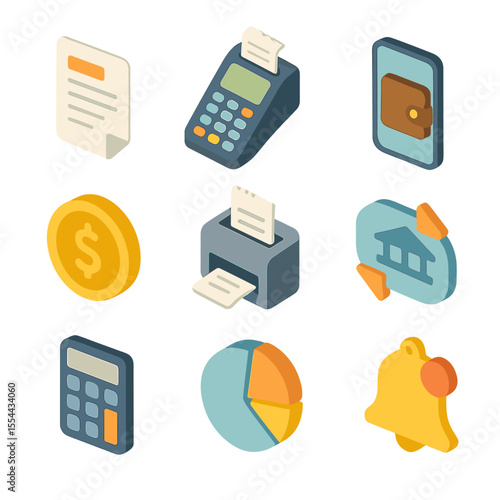 Payment Tools Icons. Isometric Flat icon set of Payment and Invoicing Tools: invoice paper, credit card terminal, mobile wallet,