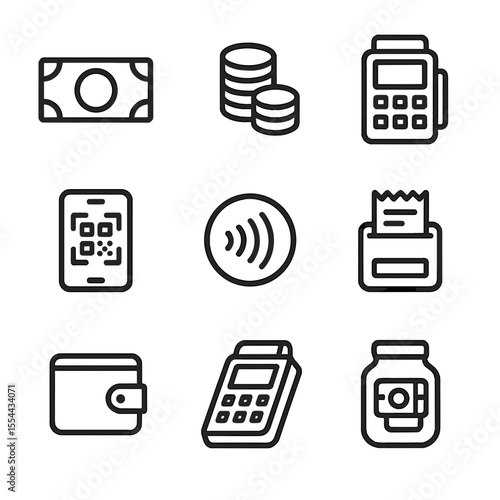 Payment Methods Icons. Outline icon set of payment methods at stalls: cash bills, coin stack, credit card terminal, mobile payment
