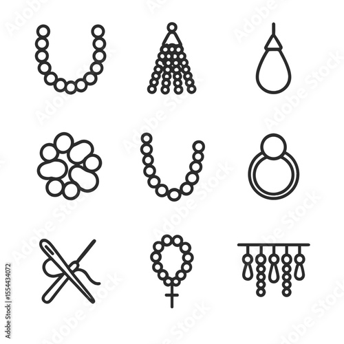 Pearl and Bead Icons. Outline icon set of Pearl and Bead Strand Searching: natural pearl strand, seed pearl tassel, cultured pearl