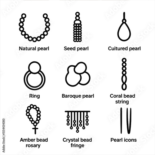 Pearl and Bead Icons. Outline icon set of Pearl and Bead Strand Searching: natural pearl strand, seed pearl tassel, cultured pearl