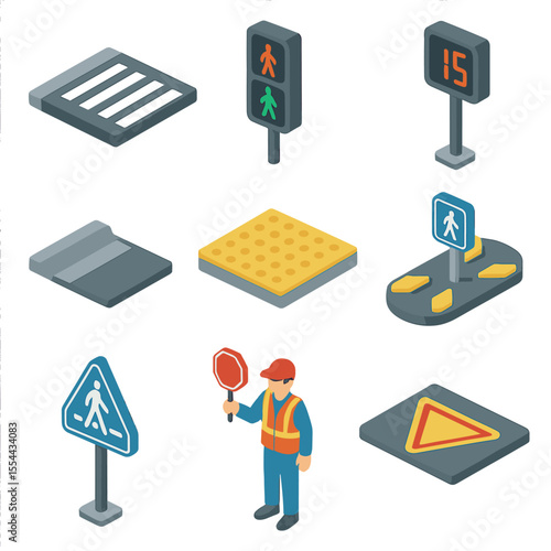 Pedestrian Crossing Icons. Isometric Flat icon set of pedestrian crossings: zebra crosswalk, pedestrian signal, countdown timer,