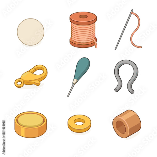 Pearl Necklace Tools. Isometric Flat icon set of pearl necklace stringing: cultured pearl, silk thread, beading needle, clasp,
