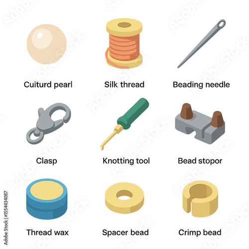 Pearl Necklace Tools. Isometric Flat icon set of pearl necklace stringing: cultured pearl, silk thread, beading needle, clasp,