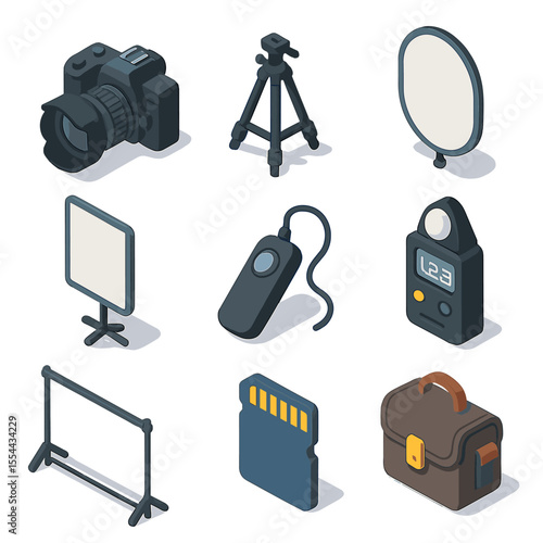Photography Tools Icons. Isometric Flat icon set of shadow photography tools: camera with lens hood, tripod, reflector, diffuser