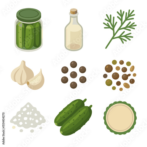 Pickling Essentials Icons. Isometric Flat icon set of pickled cucumber essentials: glass jar with lid, distilled vinegar bottle,