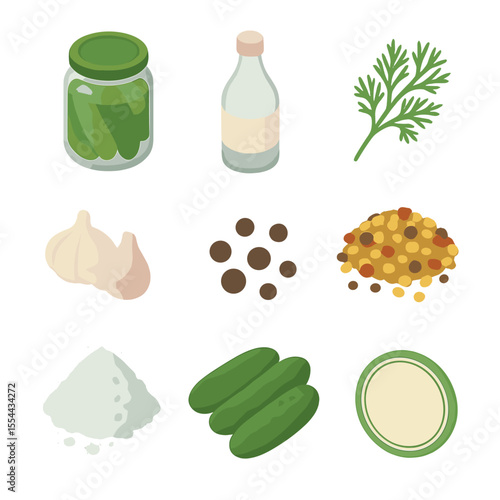Pickling Essentials Icons. Isometric Flat icon set of pickled cucumber essentials: glass jar with lid, distilled vinegar bottle,