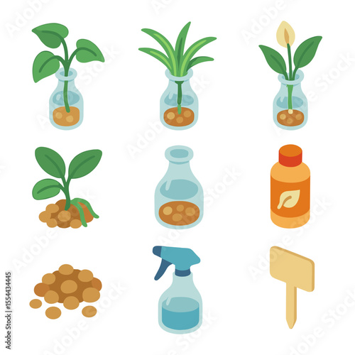 Plant Propagation Icons. Isometric Flat icon set of houseplant cuttings propagation: pothos cutting, spider plant cutting, peace