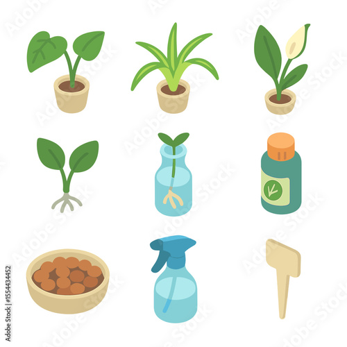 Plant Propagation Icons. Isometric Flat icon set of houseplant cuttings propagation: pothos cutting, spider plant cutting, peace