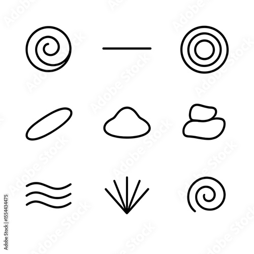 Plating Icon Set. Outline icon set of Plating Composition Shapes: circular swirl, linear stripe, concentric rings, diagonal smear,