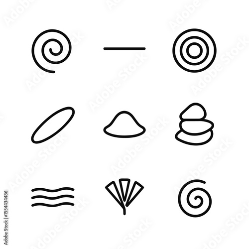 Plating Icon Set. Outline icon set of Plating Composition Shapes: circular swirl, linear stripe, concentric rings, diagonal smear,