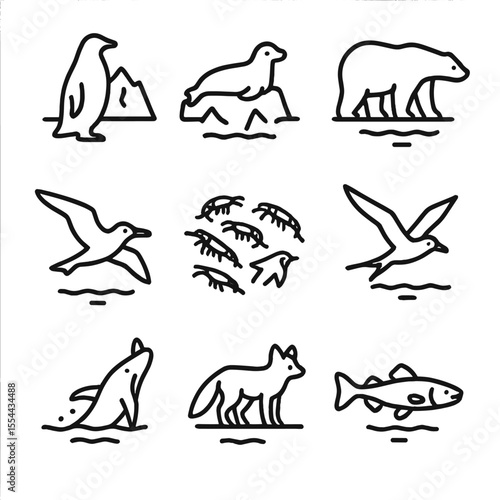 Polar Wildlife Icons. Outline icon set of polar wildlife near icebergs: penguin silhouette, seal resting, polar bear, albatross
