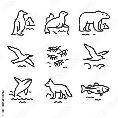 Polar Wildlife Icons. Outline icon set of polar wildlife near icebergs: penguin silhouette, seal resting, polar bear, albatross