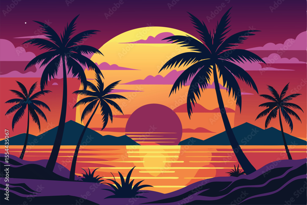 Vibrant Tropical Sunset Palm Trees Silhouette at Dusk Vibrant Tropical Sunset Palm Trees Silhouette at Dusk