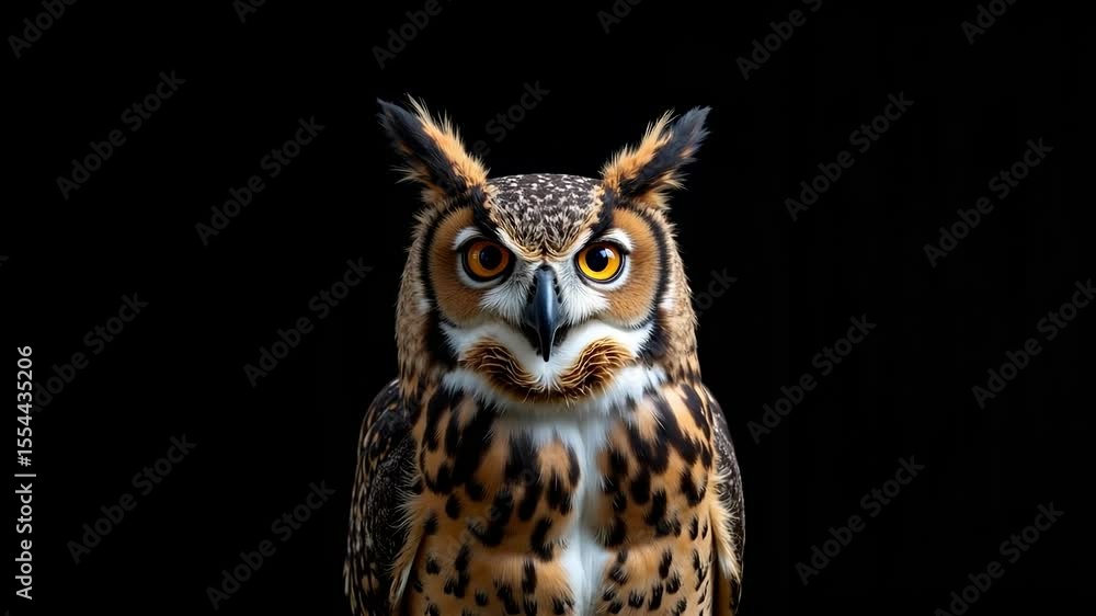 Majestic owl portrait displays captivating amber eyes and striking plumage in a stark, dark background. Majestic owl portrait displays captivating amber eyes and striking plumage in a stark, dark background.