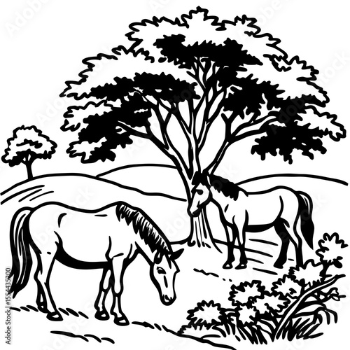 Two horses grazing peacefully under a large tree in a scenic landscape