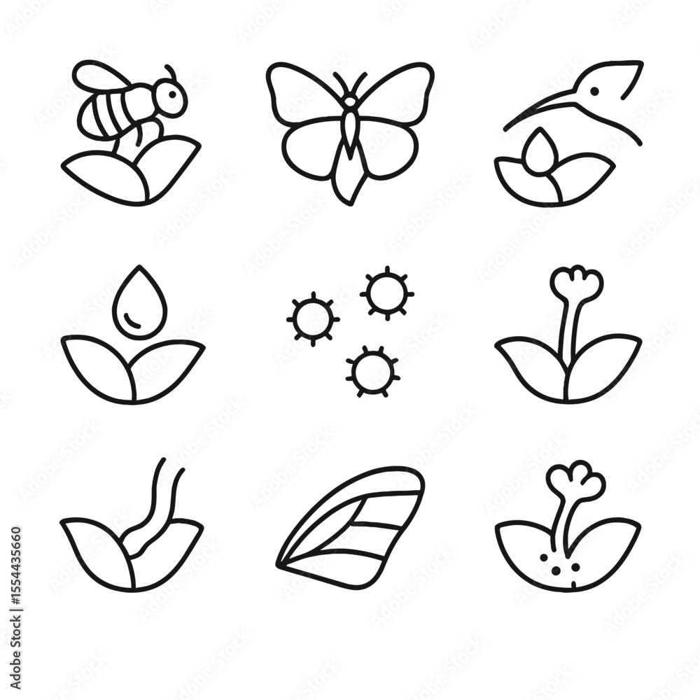Naklejka premium Pollination Icon Collection. Outline icon set of Pollination and Petal Interaction: bee on petal, butterfly landing, hummingbird
